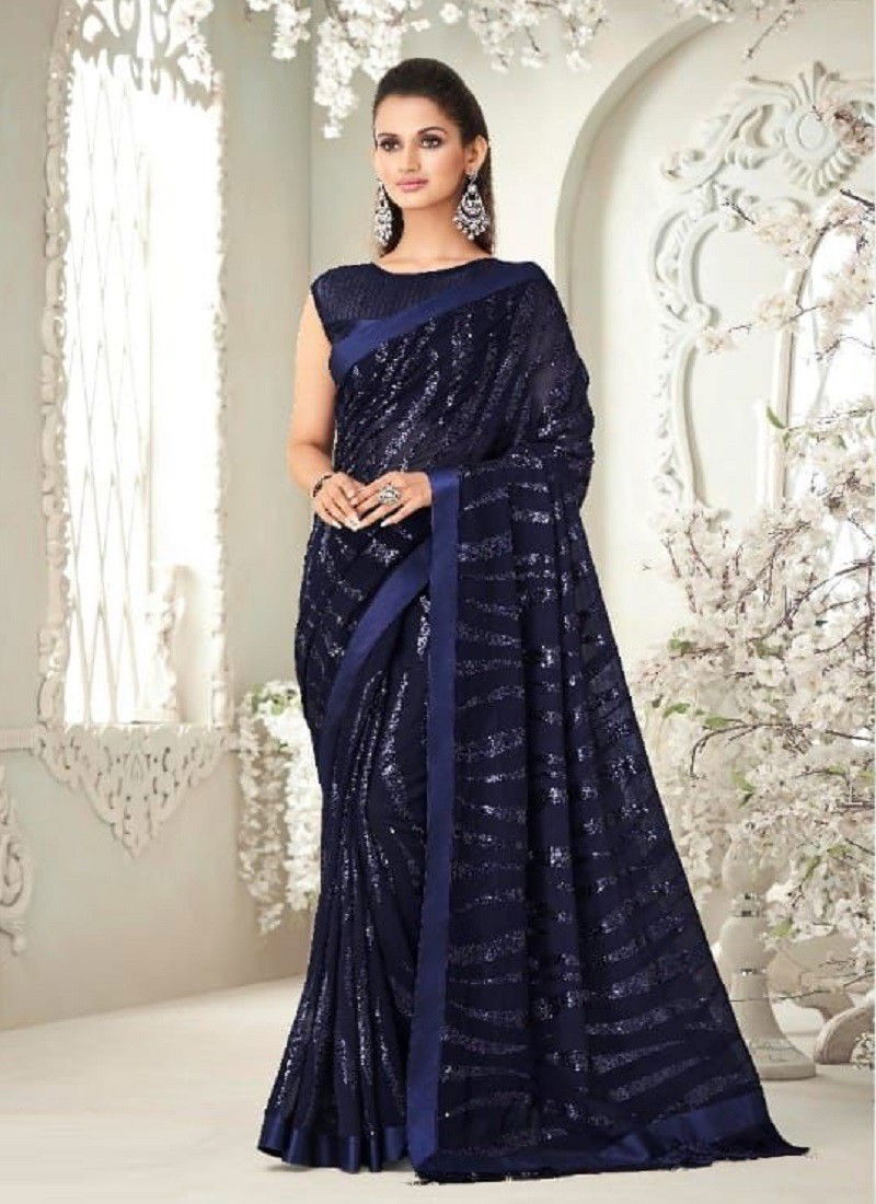 Navy Blue Colour Sparkle Hit Design TFH New Latest Party Wear Soft Georgette Saree Collection 6404